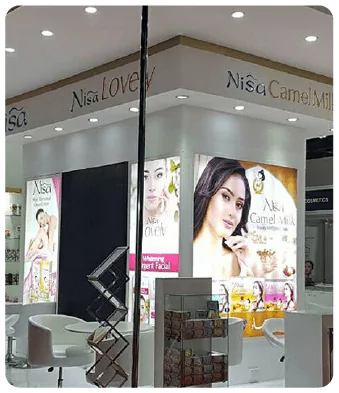 Vision Next, being the leading exhibition stand company in Dubai, designed and fabricated the exhibition stand, exhibition booth, pop up stand for Nisa Beauty products in the World Trade Center. The best exhibition stand design was created by our qualified team with exhibition booth design graphics.